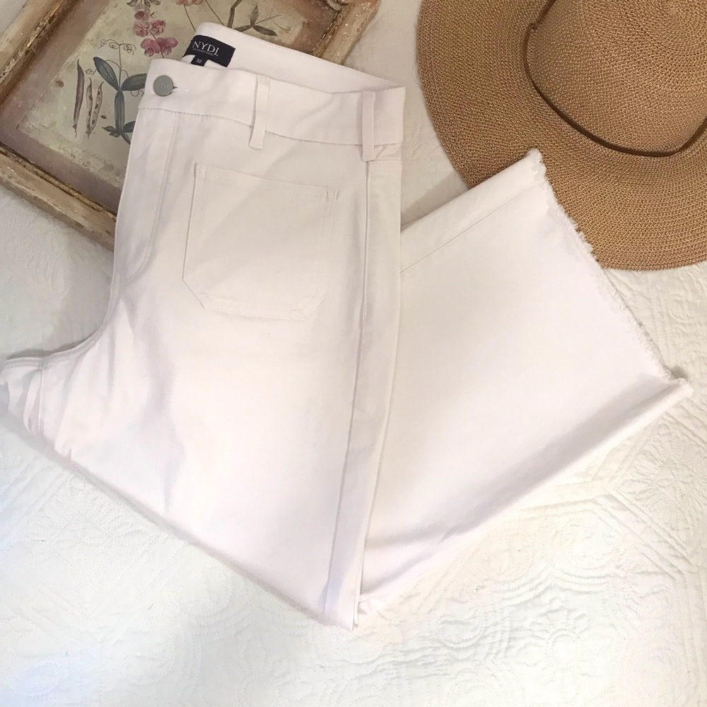 NYDJ Wide Leg Cropped Jeans White Raw Hem Size 10